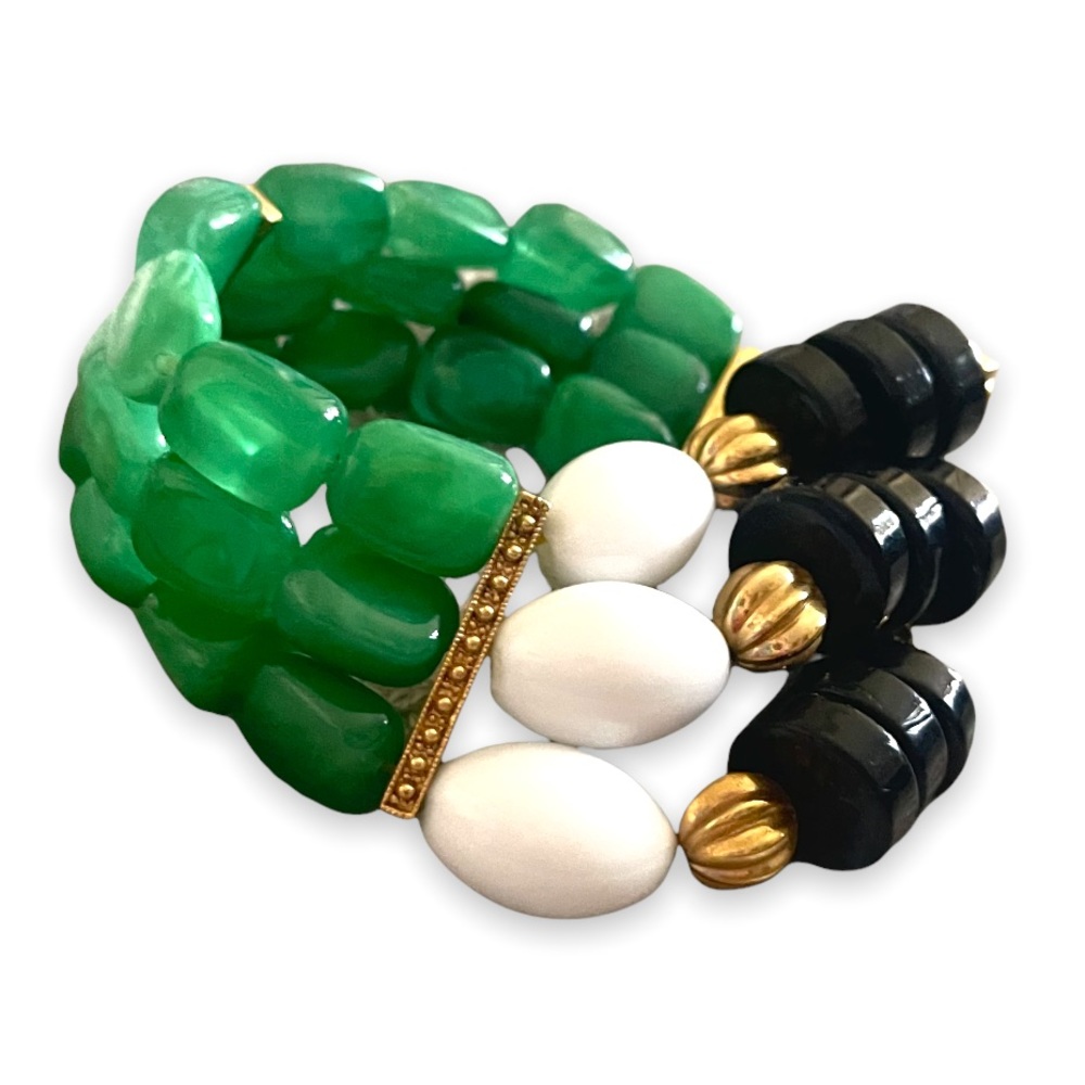 Vintage Extra Wide 3 Strand Egyptian Jade Lucite Beads Engraved Bracelet - Picture 3 of 11